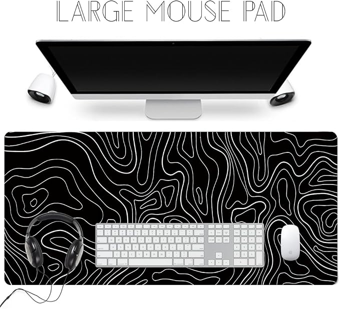 Black Topographic Large Gaming Mouse Pad Extended XXL(900 * 400 * 3MM) Mouse Mat Long Desk Pad with Stitched Edges for Keyboard Home Office Gaming Work Big Desk Mat