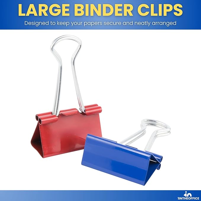 1InTheOffice Large Binder Clips Colored, 2" Size with 1" Capacity -12 Clips