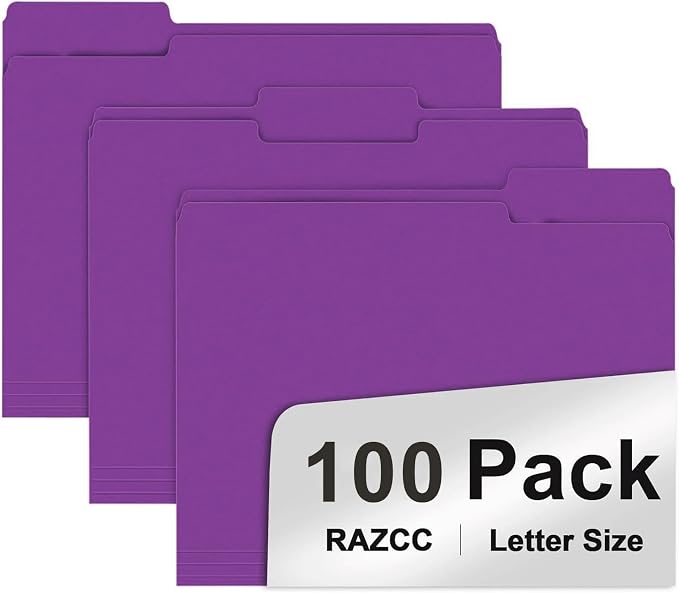 File Folder, RAZCC 100 Pack 1/3 Cut Tab File Folders Letter Size, Purple Folders for Dcouments, Folders with Tab Great for Organizing and Easy File Storage
