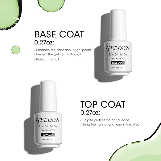 Gellen Gel Top and Base Coat, 2pcs Clear Gel Nail Polish Set, 8ml No Wipe Gel Top Coat Nail Polish, Long Lasting Base Coat Gel Manicure, Soak Off LED Nail Lamp Base Top Coat for Nail Salon, Nail Art