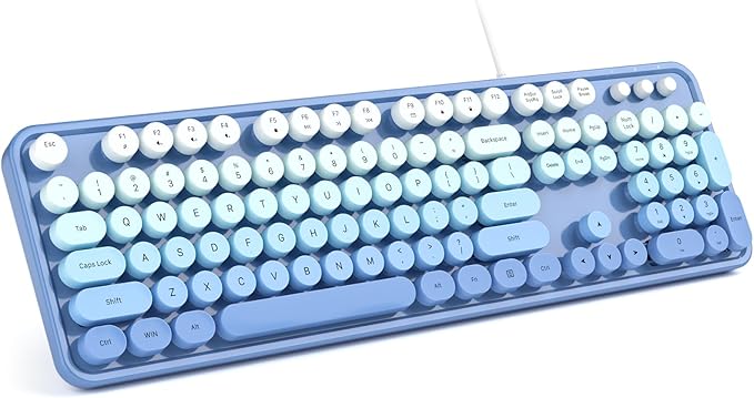 Computer Keyboard Wired, Plug and Play USB Retro Round Typewriter Keyboard, Full Size Wired Keyboard with Foldable Stands for Laptop and Office PC