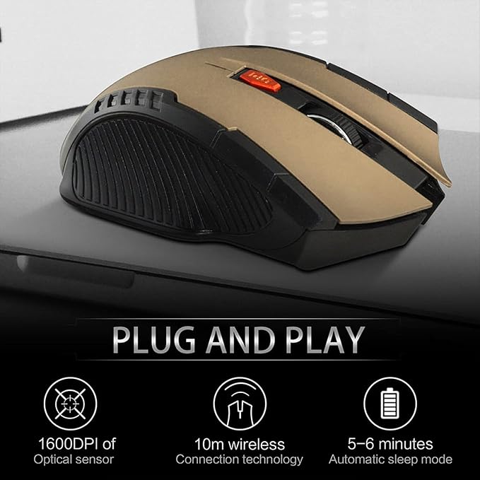 Mechanical Gaming 2.4G Mouse, 1000/1200/1600 3-Speed DPI Ergonomic Mouse with A USB Receiver, for Office/Home/Desktop/Computer/Notebook (Gold)