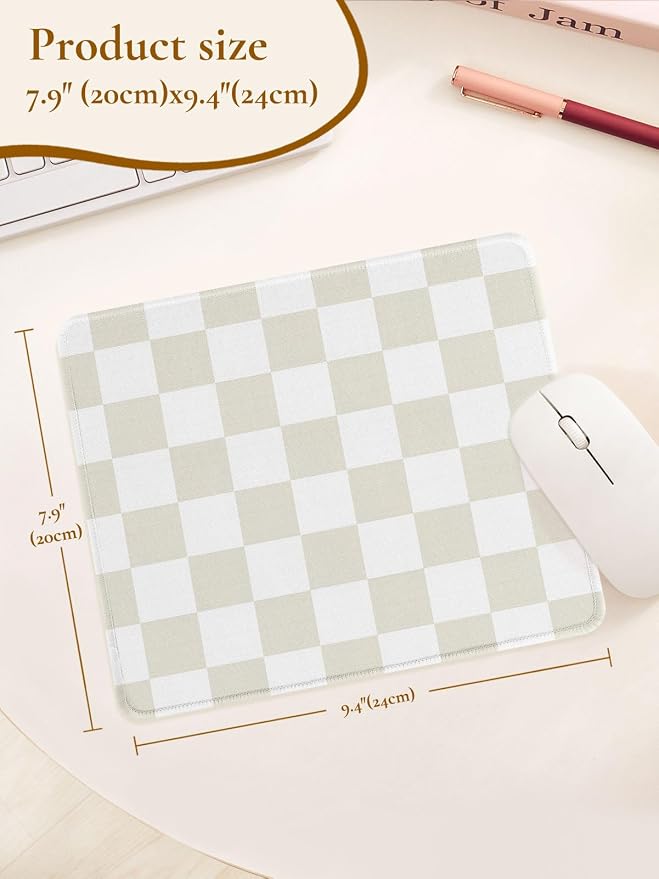 Cute Beige White Mouse Pad,Retro Checkered Pattern Mousepad,Square Aesthetic Plaid Waterproof Grid Mouse Mat Design, Non-Slip Rubber Base Computer Funny Boho Small Mouse Pads