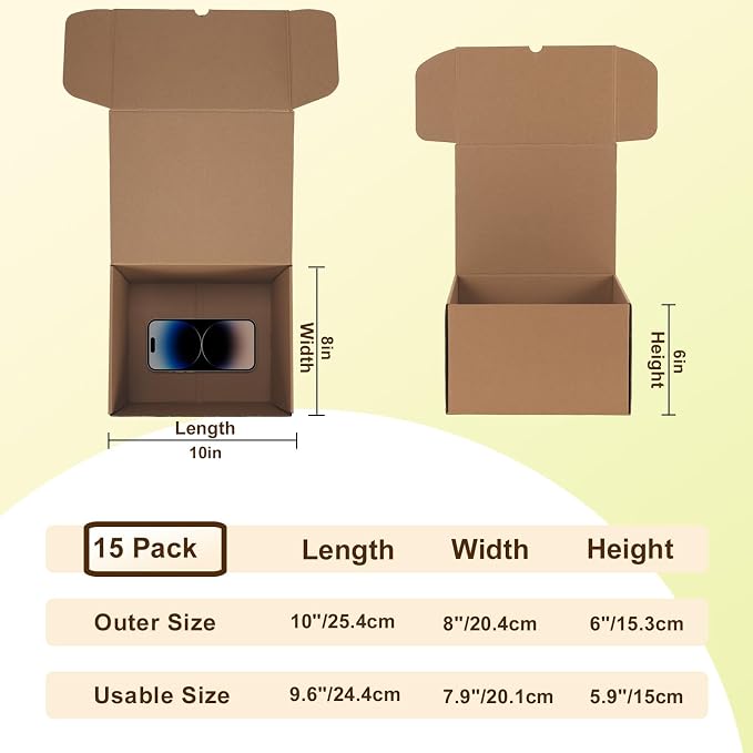WIFTREY 10"x8"x6" Shipping Boxes Set of 15 Brown, 10 x 8 x 6 Corrugated Cardboard Box for Shipping Small Business, Gift Packing, Mailing Wrapping Present