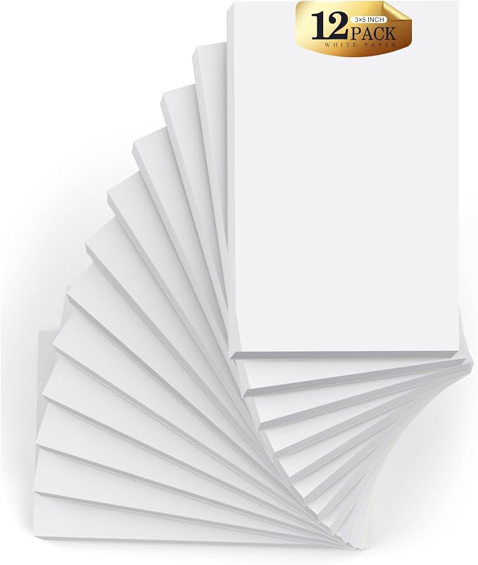 Note Pads 3x5 Small Memo Pads, 12 Pack Server Note Pads, Scratch Pads 3x5 | Mini Note Pad White Paper 3''x5'', 50 Sheets per Blank Notepads, Small Writing Pads 3x5 for Office School Home Supplies