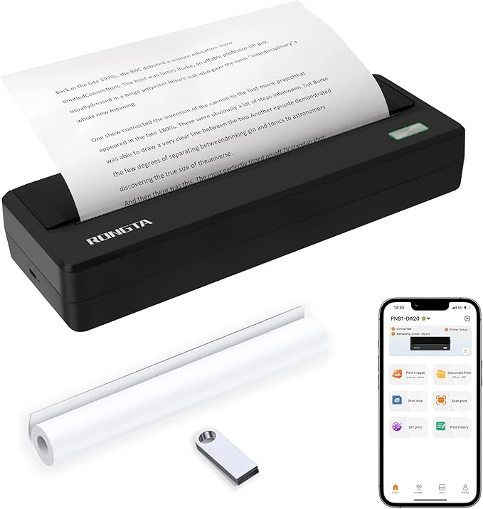 Rongta Portable Printer Wireless for Travel, 300DPI Thermal Inkless Bluetooth Mobile Printer, Support 8.5" X 11" US Letter, Compatible with Android iOS Phone & Laptops (Gray)
