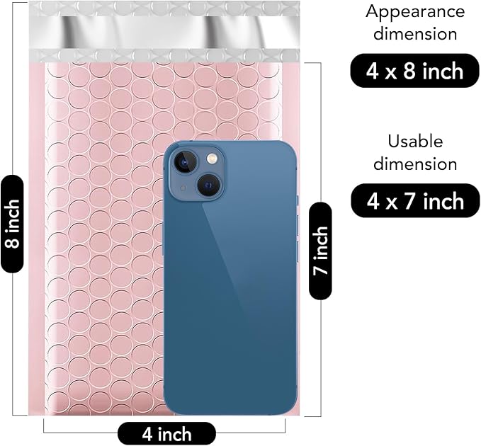 Fuxury Small Bubble Mailers 4x8" 100 Pack Light Pink Bubble Mailer Usable Size 4x7" Self Seal Padded Envelopes Mailing Envelopes Bubble Padded for Shipping