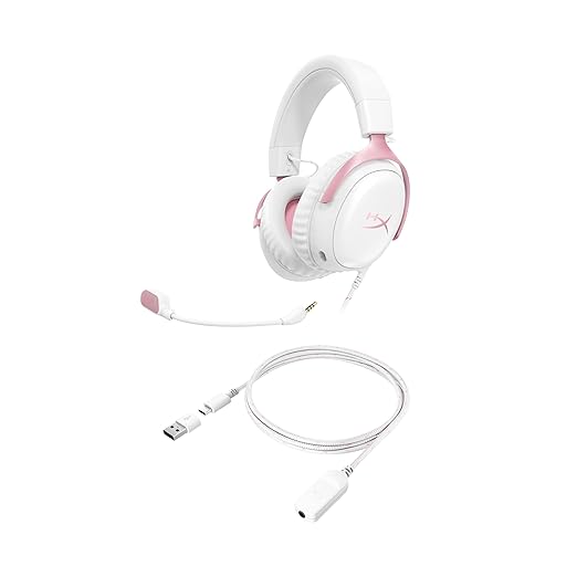 HyperX Cloud III – Wired Gaming Headset, PC, PS5, Xbox Series X|S, Angled 53mm Drivers, DTS, Memory Foam, Durable Frame, Ultra-Clear 10mm Mic, USB-C, USB-A, 3.5mm – Pink
