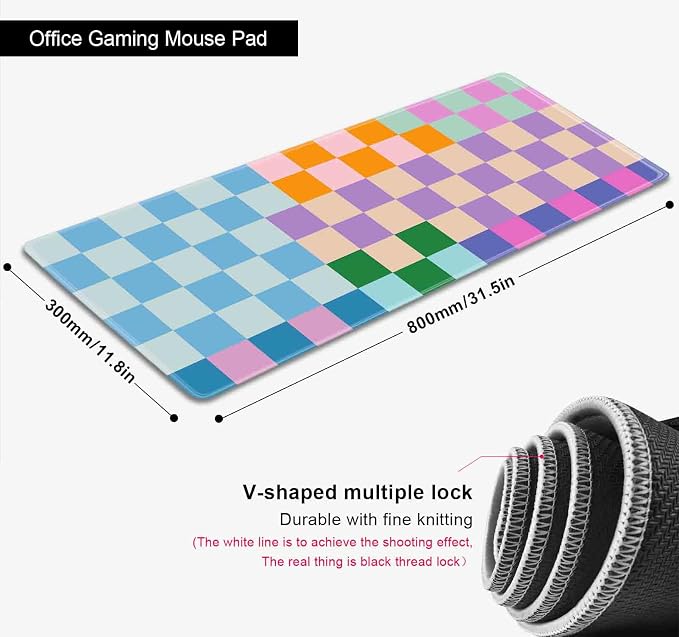 Colorful Checkered Desk Mats, Retro Purple Pink Blue Green Large Desk Pad, Aesthetic Desktop Mat, Writing Mat, Non-Slip Rubber Gaming Mouse Pad for Laptop Computer Office, 31.5 X 11.8 in