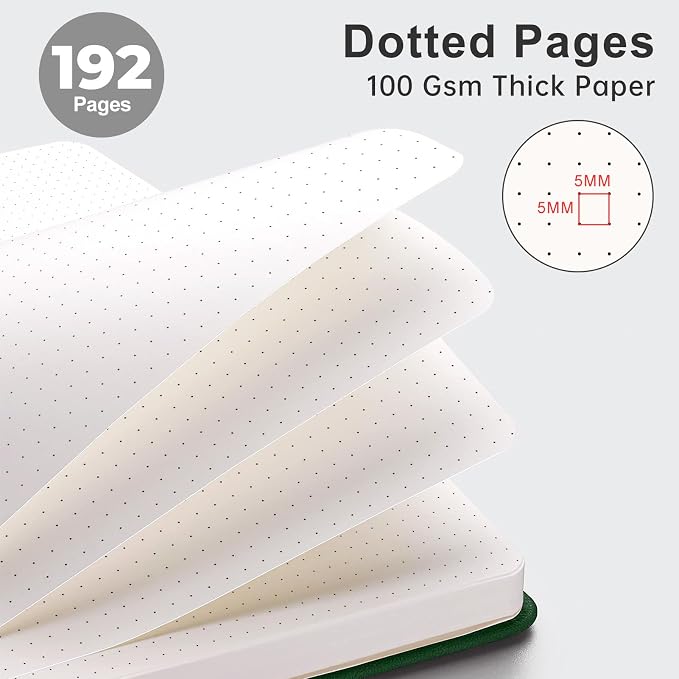 AHGXG Dotted Journal Notebook, 192 Pages, A5 Medium Size (5.7'' x 8.3'') | Leather Hardcover, 100 GSM Thick Paper, for Journaling, Planning, Tracking (Dark green)