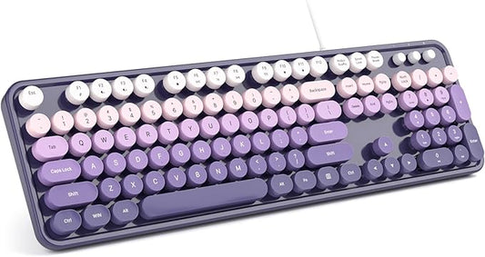 Computer Keyboard Wired, Plug and Play USB Retro Round Typewriter Keyboard, Full Size Wired Keyboard with Foldable Stands for Laptop and Office PC