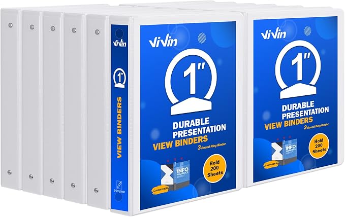 3 Ring Binder 1 Inch, ViVin Sturdy 1"-Round Ring Binder with 2 Interior Pockets, Clear View Cover, PVC-Free, Fits 200 Sheets of 8.5'' x 11'' Paper, Office Home School (12 Pack, White) | 1"-Round Ring Binder with Clear View Cover, PVC-Free, Fits 200 She...