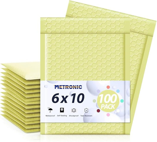 Metronic Bubble Mailers 6x10" 100 Pack Pale Yellow Self-Seal Padded Envelopes Usable Size 6x9" Waterproof Bubble Envelopes Bulk for Small Business Padded Mailers for Mailing Jewelry #0
