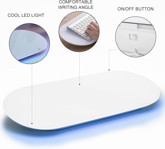 Glass Desktop Whiteboard - 17 X 7 Inches Small Dry Erase Board with Blue Light, Glass White Board Surface Notepad with 1 Drawer, Desk Organizers for Office, Home, School Supplies