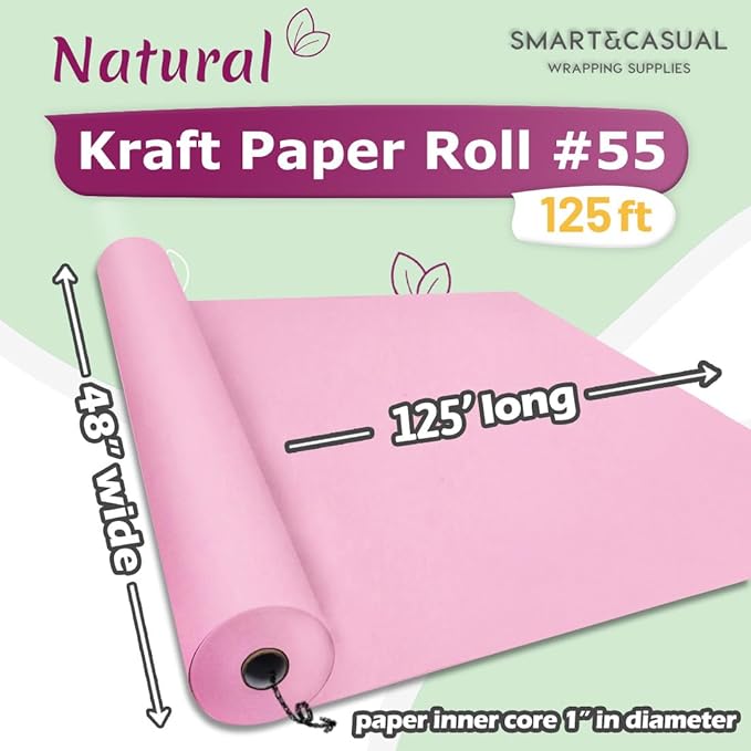 SMART&CASUAL 48" x 1,500" (125') Light Pink Kraft Craft Paper Roll for Gift Wrapping Bulletin Board Bouquet Flower Kids Art Packing Parcel Table Covering 80GSM 55LB (Light Pink, 48" x 125')