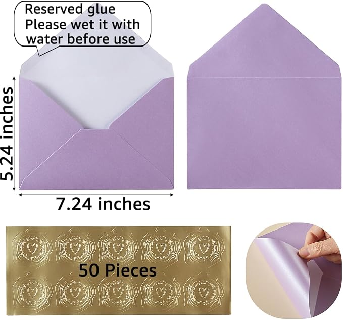 50 Pieces Shiny Envelopes with Gold Stickers, Purple, 5x7 | Gold Stickers Included, For Wedding Invitations, For Graduation, For Baby Shower, For Greeting Cards