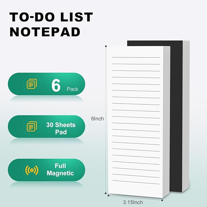 Magnetic Notepads Note Pads for Fridge with Full Magnet Back, 180 Sheets Colored Lined Refrigerator Notepad, 30 Sheets Per Pad for Grocery List, Shopping List, Office, Home, To-Do Lists & Memos