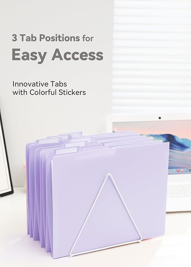 Plastic Folders with Pockets, 6 Pack Purple Folders for School, Unique 1/3 Cut Tabs with Colorful Labels, Letter Size