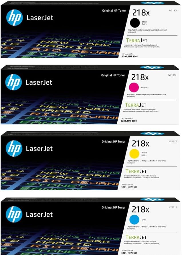 HP 218X High-Yield Toner Cartridge 4-Pack (Black, Cyan, Magenta, Yellow) | Compatible Color LaserJet Pro 3201 & MFP 3301 Series Printers | W2180XQ1 Combo Pack