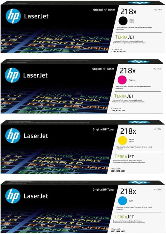 HP 218X High-Yield Toner Cartridge 4-Pack (Black, Cyan, Magenta, Yellow) | Compatible Color LaserJet Pro 3201 & MFP 3301 Series Printers | W2180XQ1 Combo Pack