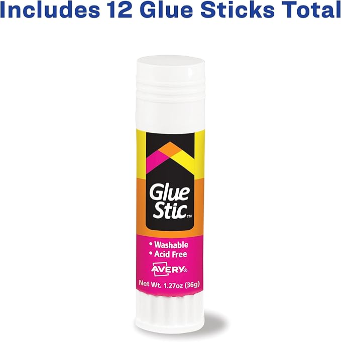 Avery Glue Stic - Washable, Non-Toxic Glue Sticks for Classroom, Crafting, and Office Use, 1.27 oz., Pack of 12, White (10221)