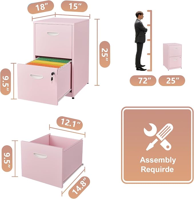 Polup 2 Drawer File Cabinet with Lock, Metal Filing Cabinet for Home Office | Small Locking Cabinet for Under Desk Storage, Printer Stand, Fits Letter Size, Pink, 26"H x 15"W x 18"D, Easy Assembly