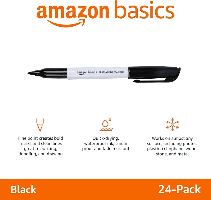 Amazon Basics Fine Tip Permanent Markers for Writing, Drawing, Quick Drying, Office, School, and Home Use, Black, 24 Pack