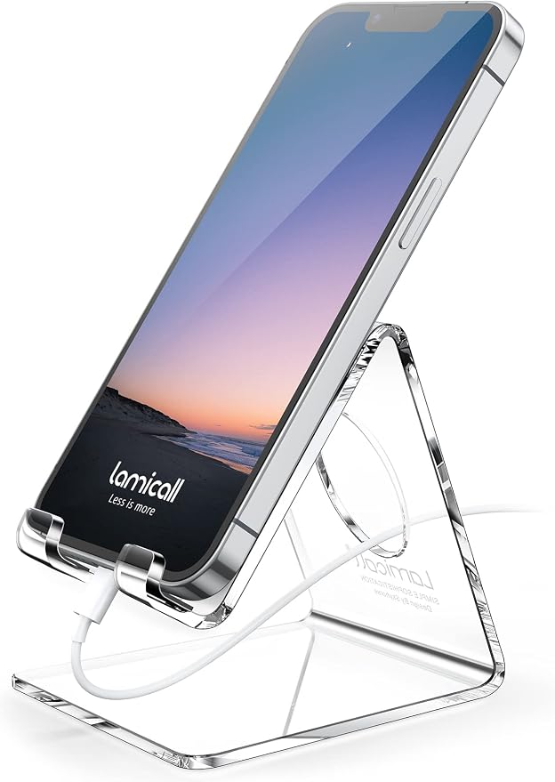 Lamicall Clear Acrylic Cell Phone Stand, Office Desk Decor Accessories | Office Cubicle Decor, Accessories & Workspace Organizers for Women, Teacher Desk Essentials, Cute Work From Home Supplies