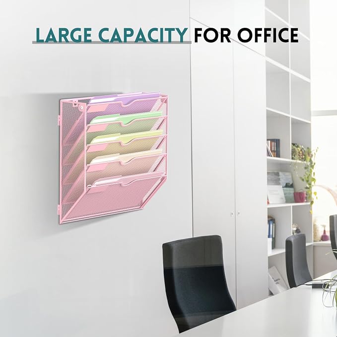 5 Tier Wall File Organizer, Hanging Wall Mounted Mail Organizer with Label Slots, Metal Mesh File Holder Magazine Rack for Office, Home, School, Pink