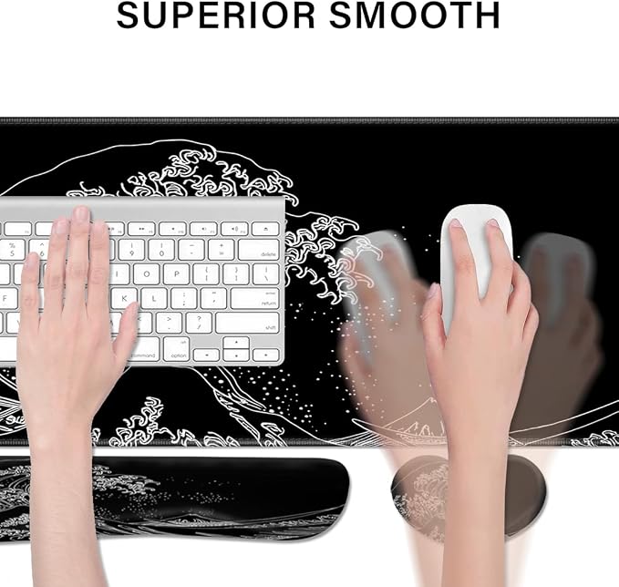 Desk Pad and Keyboard Wrist Rest, Large Mouse Pad + Keyboard Pad+Mouse Wrist Support, Non-Slip Desk Mat Protector for Office, Home 31.5×11.8 Inches Wave