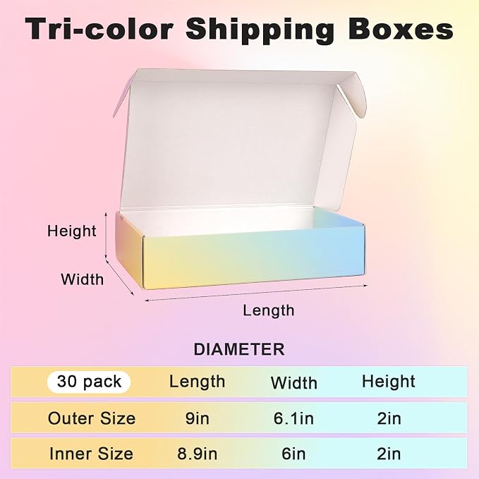 Shipping Boxes for Packaging 9x6x2", 30 Pack Colorful Corrugated Cardboard Boxes, Paper Mailing Boxes for Small Business