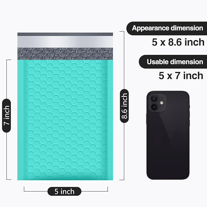UCGOU Bubble Mailers 5x8.6 Inch Usable Size 5x7 Inch Teal 50 Pack Padded Envelopes Small Business Mailing Packages Self Seal Adhesive Waterproof Boutique Shipping Bags for Jewelry Makeup Supplies