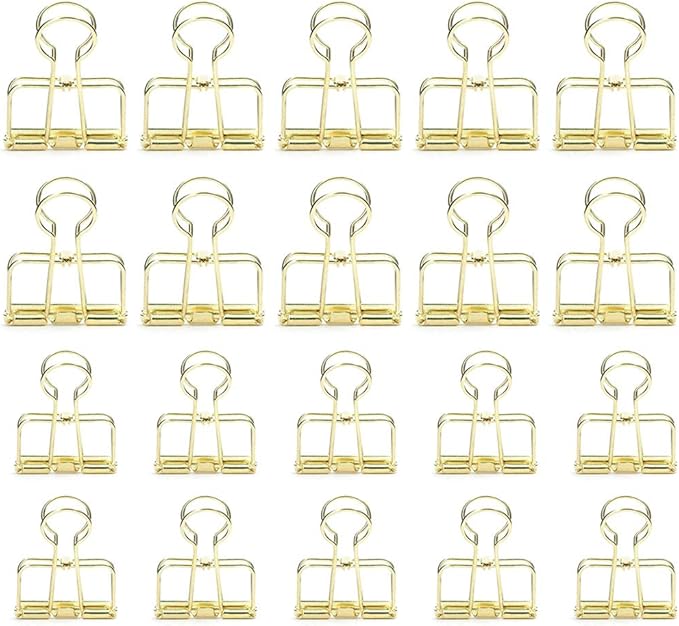 DEEDYGO 20 Pieces Gold Wire Binder Clips Assorted Sizes Stainless Steel Hollow Binder Clips Clamps for Paperwork, Sewing, Crafts, Kids, Teacher, Office School Supplies, Food Packages (10 M +10 S)
