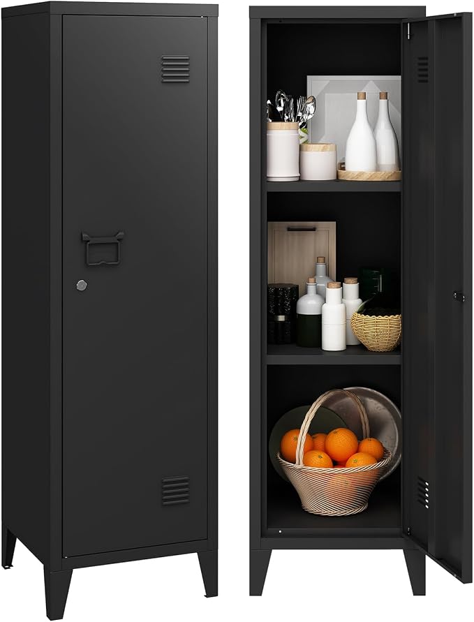 Locker Cabinet, 50" Black Small Metal Locker Storage Cabinet for Employees with Locking Door and 2 Shelves Kids Locker Tool File Cabinets for Bedroom, Home Office, Garage, Bathroom