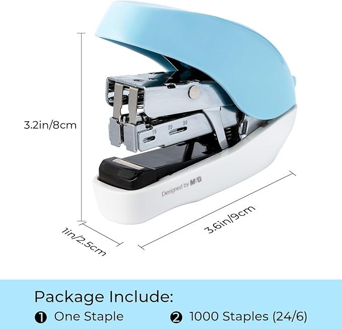 M&G Mini Stapler with Staples, Small Blue Effortless Stapler Set, 20 Sheet Capacity, One Finger, 1000 Standard Staples, Office staplers for Desk, Easy to Load