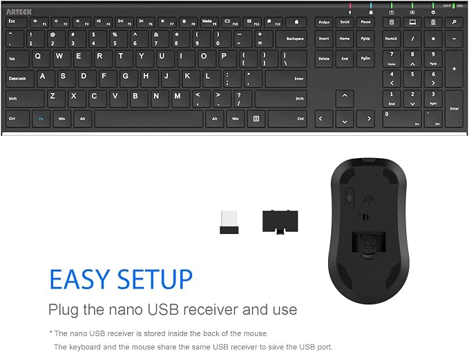 Arteck 2.4G Wireless Keyboard and Mouse Combo Stainless Steel Ultra Slim Full Size Keyboard and Ergonomic Mice for Computer Desktop PC Laptop and Windows 10/8/7 Build in Rechargeable Battery