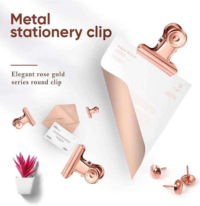 YUCHIYA 32 Pack Bulldog Clips with Push-pins for Corkboard,Metal Clips for Crafts, Metal Binder Clips for Pictures, Spring Paper Clamps for Office Documents (Rose Gold,0.85inch)