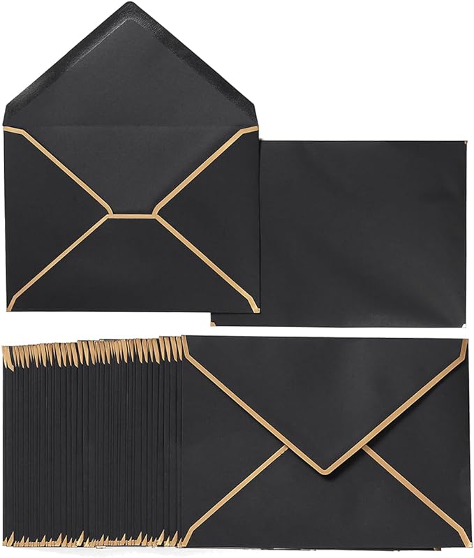 50 Pack A6 Envelopes Black 4x6 with Gold Border, 4.75x6.5 | Self-Adhesive, V Flap, For Wedding, Graduation, Baby Shower, Parties, Invitations