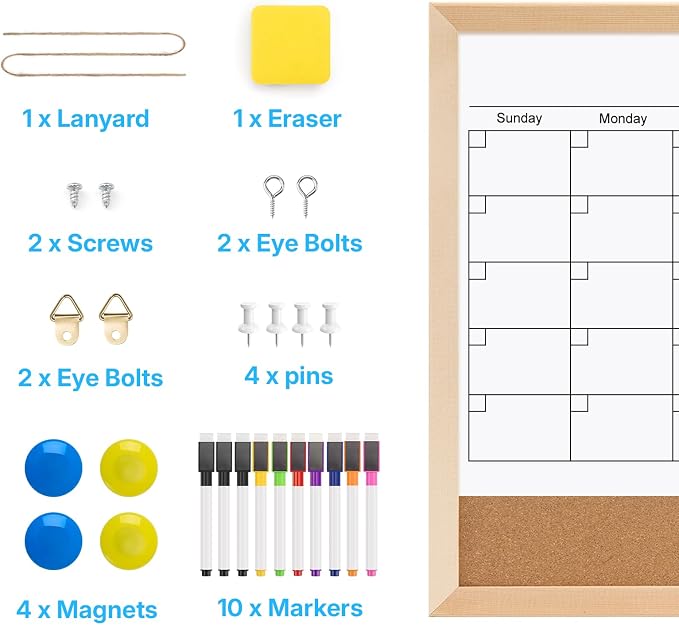 OWLKELA Monthly Dry Erase Calendar, 17 x 13 inch, Wood Frame | Magnetic Bulletin Whiteboard, with Cork Board, Ideal for Office, Home and School