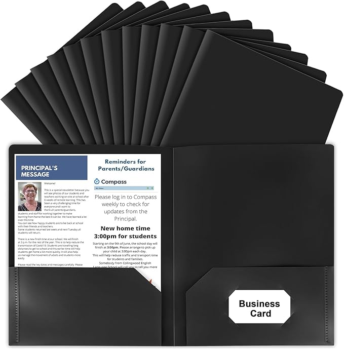 HABGP 12 Pack Black File Folders with Pockets, Plastic 2 Pocket Folders | Business Card Slot, Letter Size, Folders for Documents, Office Filing Cabinet Folders, School Supplies, for College Students
