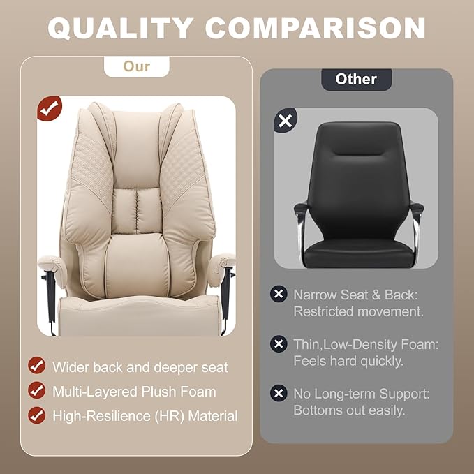 Big and Tall Office Chair 400lbs Wide Seat, Leather High Back Executive Office Chair with Foot Rest, Ergonomic Chairs Lumbar Support for Lower Back Pain Relief (Beige)