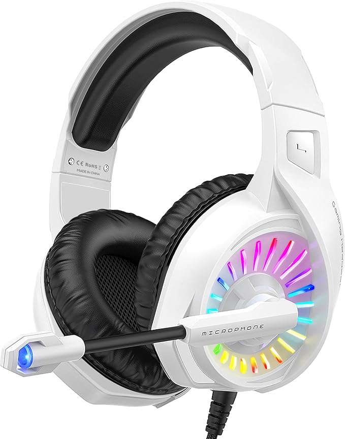 ZIUMIER Z20 White Gaming Headset for PC PS4 PS5 Xbox One Xbox Series S/X, Wired Over-Ear Headphone with Noise Canceling Microphone, RGB LED Light, Bass Surround Sound