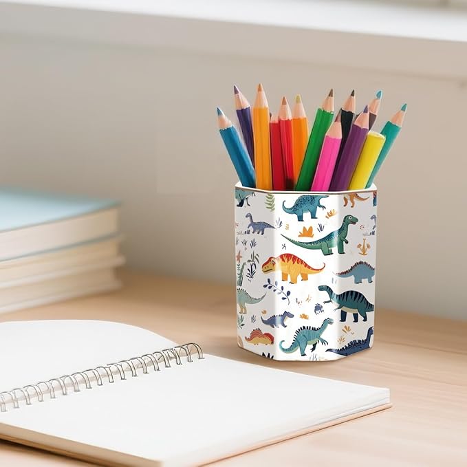 Cute Pen Holder, Pencil Cup for Desk, Desk Organizer, Durable Ceramic Decorative Makeup Brush Desktop Accessories, Stylish Stationery for Office, Home, Cute Dinosaur Pattern