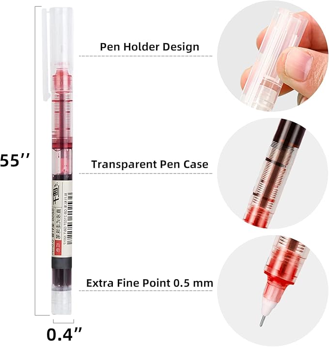 24 Pieces Rolling Ball Pens, Quick Dry Ink 0.5 mm Extra Fine Point Pens Liquid Ink Pen Rollerball Pens (Red-24 PCS)