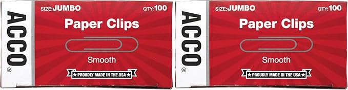 ACCO Paper Clips, Jumbo, Smooth (72580), 100 Count (Pack of 2)