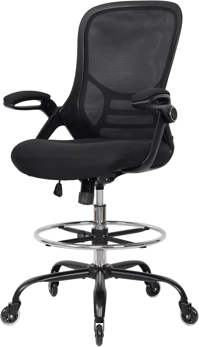 Drafting Chair Adjustable, Tall Office Chair Lumbar Support Ergonomic Standing Desk Chair Heavy Duty Tall Drafting Stool for Artists with Footrest Home Office Drafting Stool