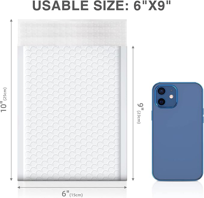 METRONIC Bubble Mailers 6x10" Padded Envelopes White 300 Pack Waterproof | Usable Size 6x9",Shipping Bags,Self-Seal Small Cushioning for Jewelry Makeup Supplies,Packaging Bulk,Tear-Resistant Opaque