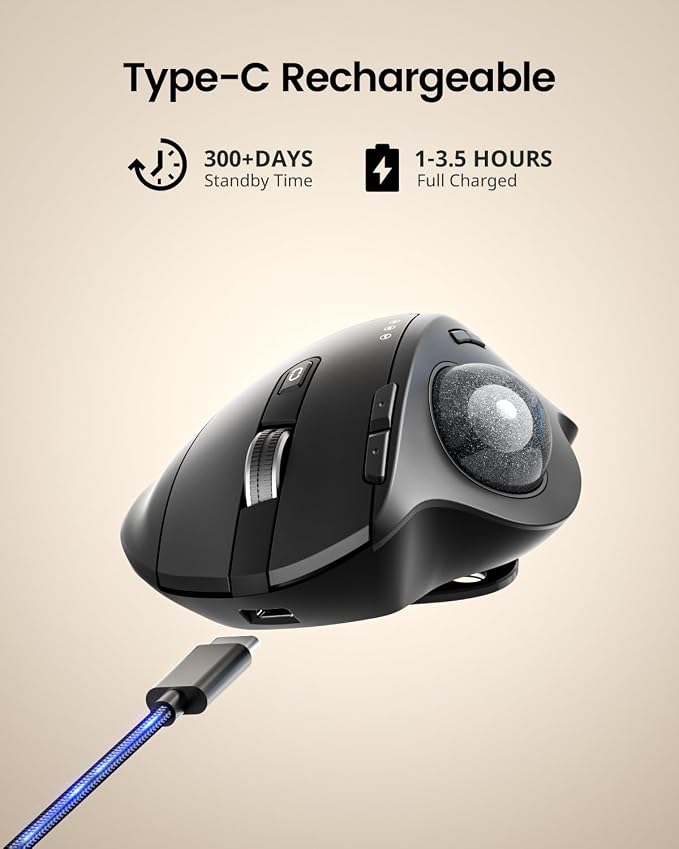 ProtoArc EM01 NL Wireless Trackball Mouse, Rechargeable Thumb Control, Gray | 0/20° Adjustable Angle to Reduce Fatigue, Triple-Device Bluetooth & 2.4G USB-A for Office Use, Silent Click, Easy to Clean