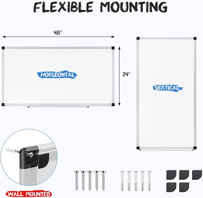 OLIXIS 24" x 48" Magnetic White Board, Dry Erase Board for Wall 24" x 48", Whiteboard with 1 Dry Eraser & 2 Multicolor Markers & 4 Magnetic Pins, Aluminium Frame for Home, School, Office, White