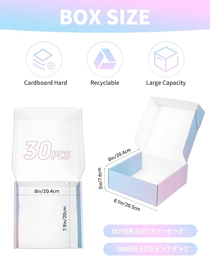 Shipping Boxes 8x8x3 Inch - 30 Pack: Medium Corrugated Cardboard Boxes - Purple Shipping Boxes for Small Business